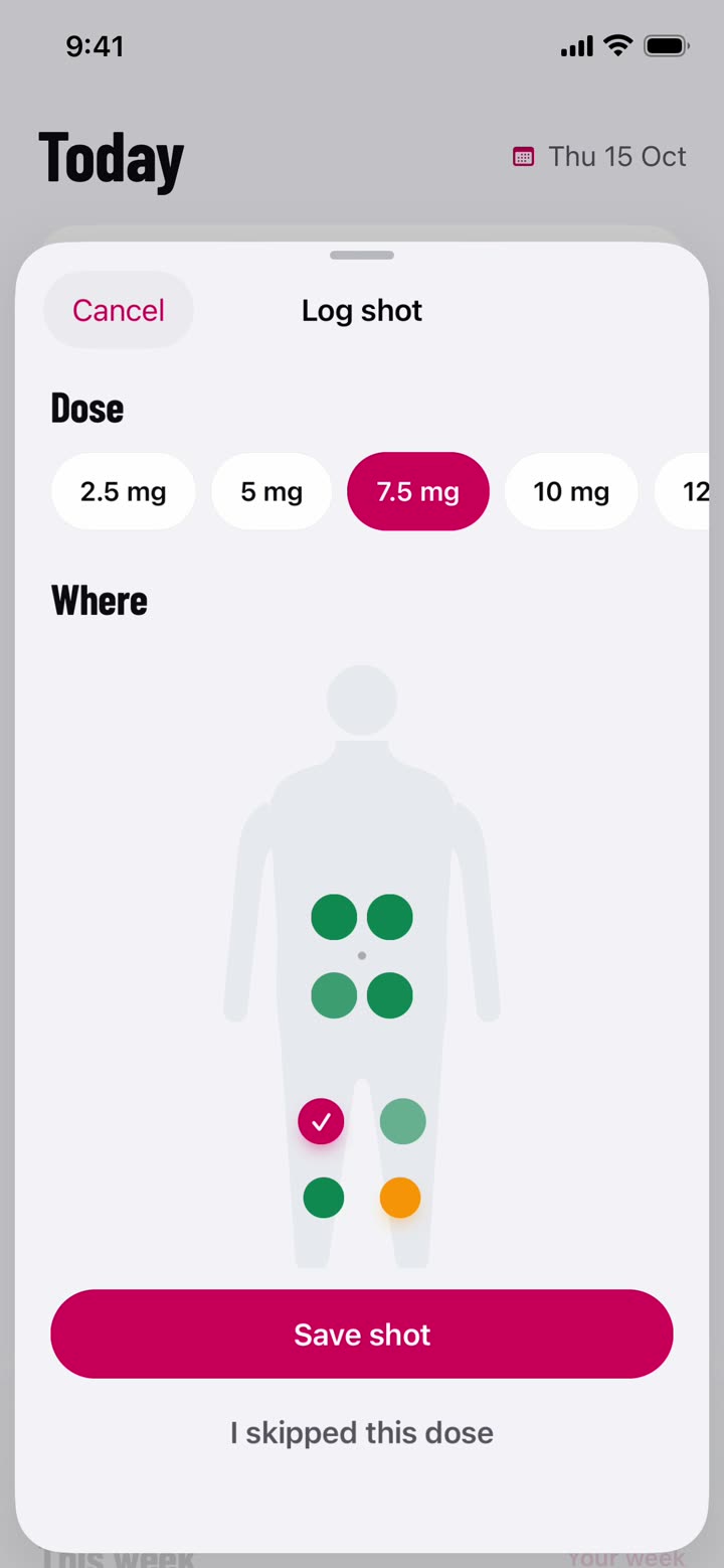Logging a dose with the injection site map, the rested site suggested