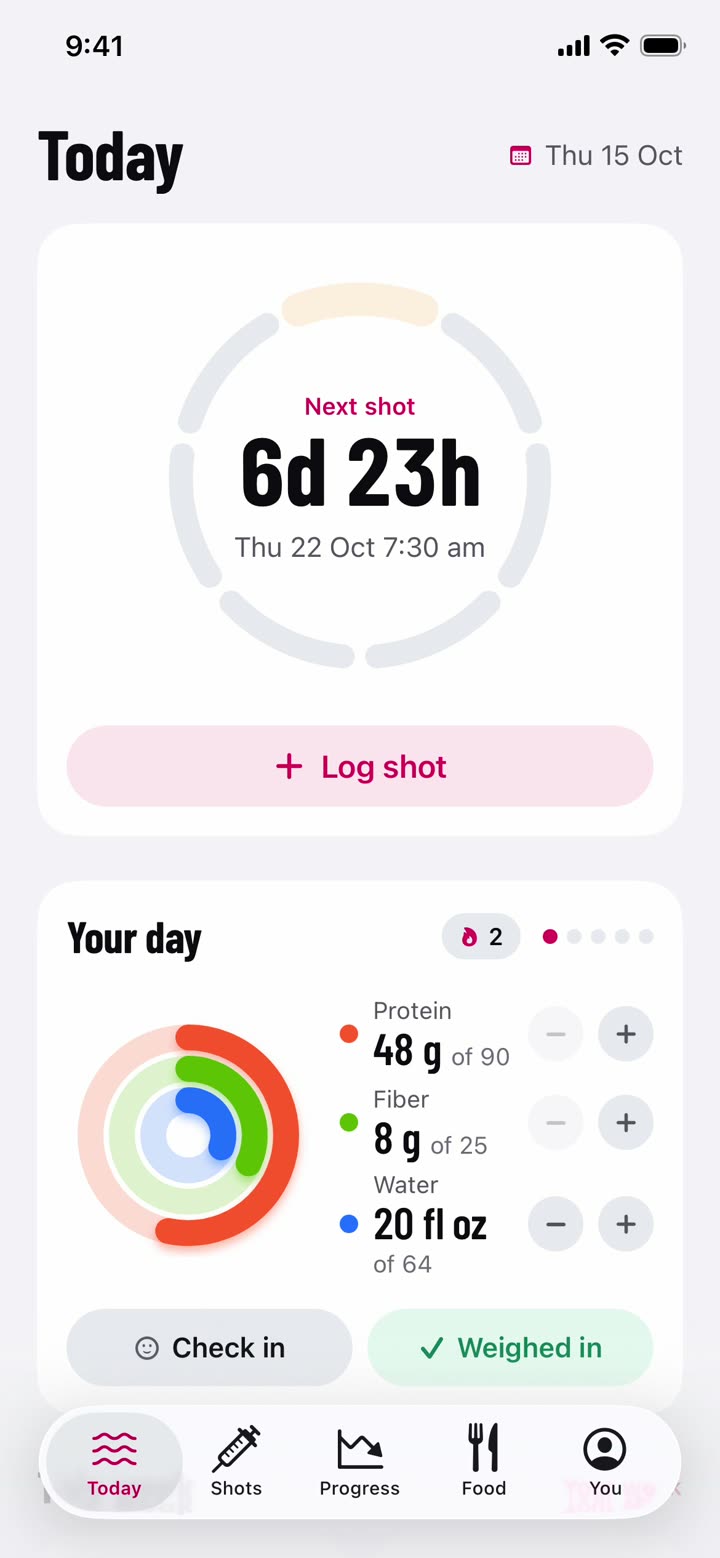 The Today screen: a dose due, logged in one tap, and the week ring starting again